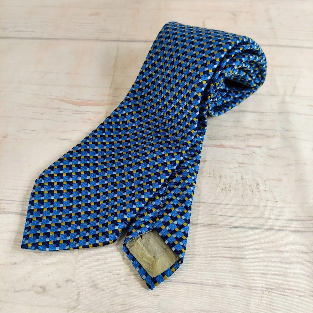 Christian Dior Mens Tie Vintage‎ Geometric Pattern Necktie Blue Yellow